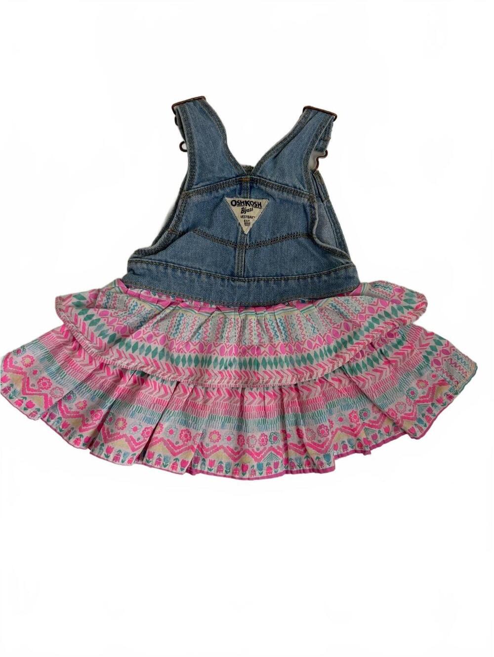 Oshkosh | Baby Girls Denim Overall Dress Romper Pink Turquoise Size 9 Mo